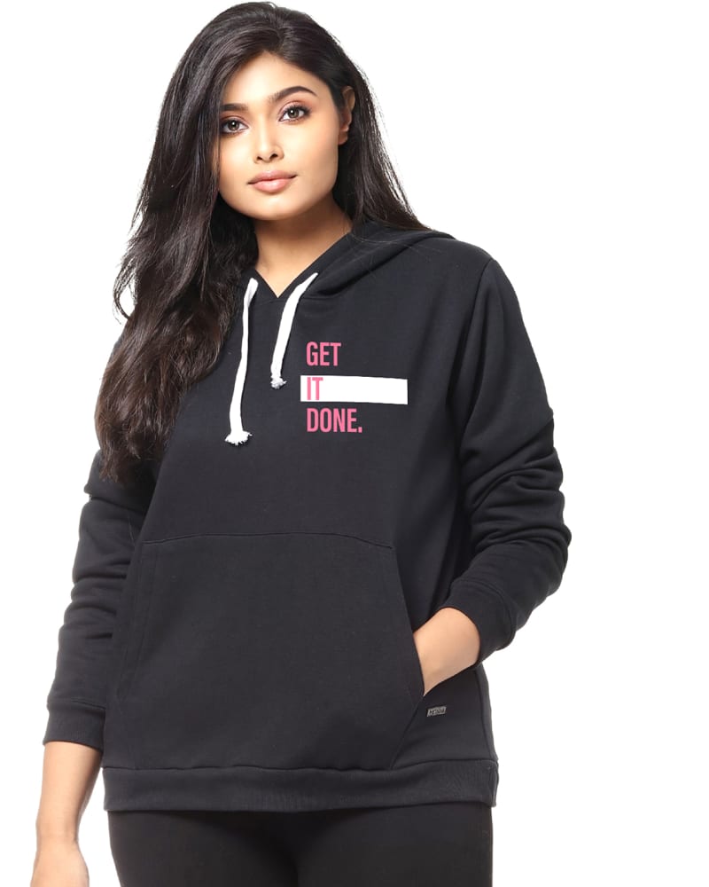 Front of a model wearing a size 5XL Black Kangaroo Pocket Sweatshirt in Black by Instafab Plus. | dia_product_style_image_id:297336